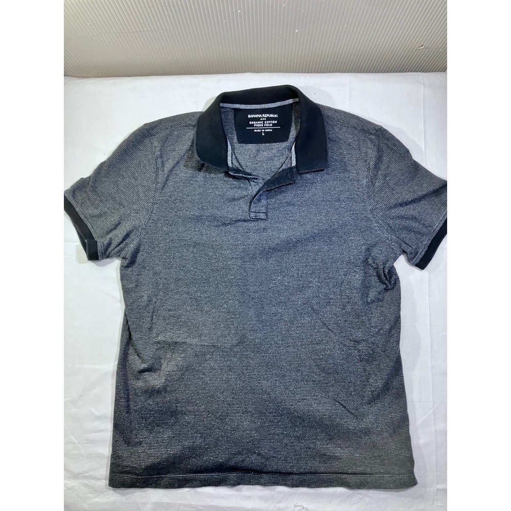 Banana Republic Mens Cotton Pique Polo‎ Shirt Size L Gray Striped Short Sleeve